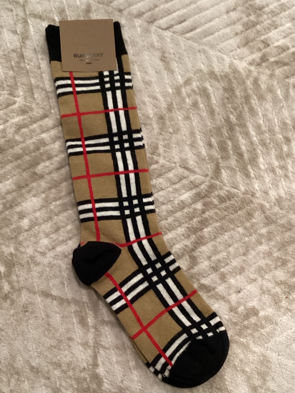 Kids Burberry Tan, Black & Red Iconic Check Knee Socks